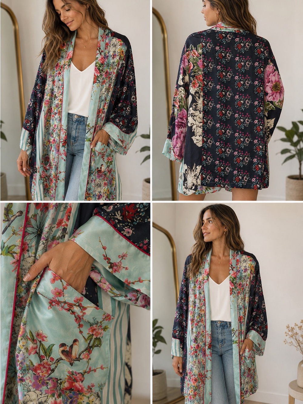 Johnny Was Floral silk Kimono Robe in Mint and Navy